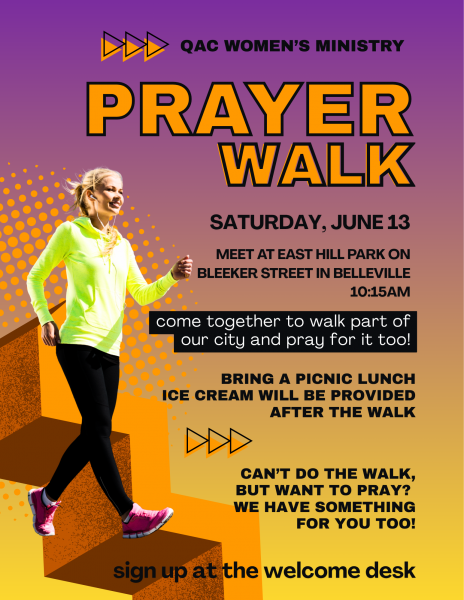 Graphic flyer for the QAC Women’s Ministry Prayer Walk event on June 13, featuring a woman walking outdoors against a purple and yellow background.