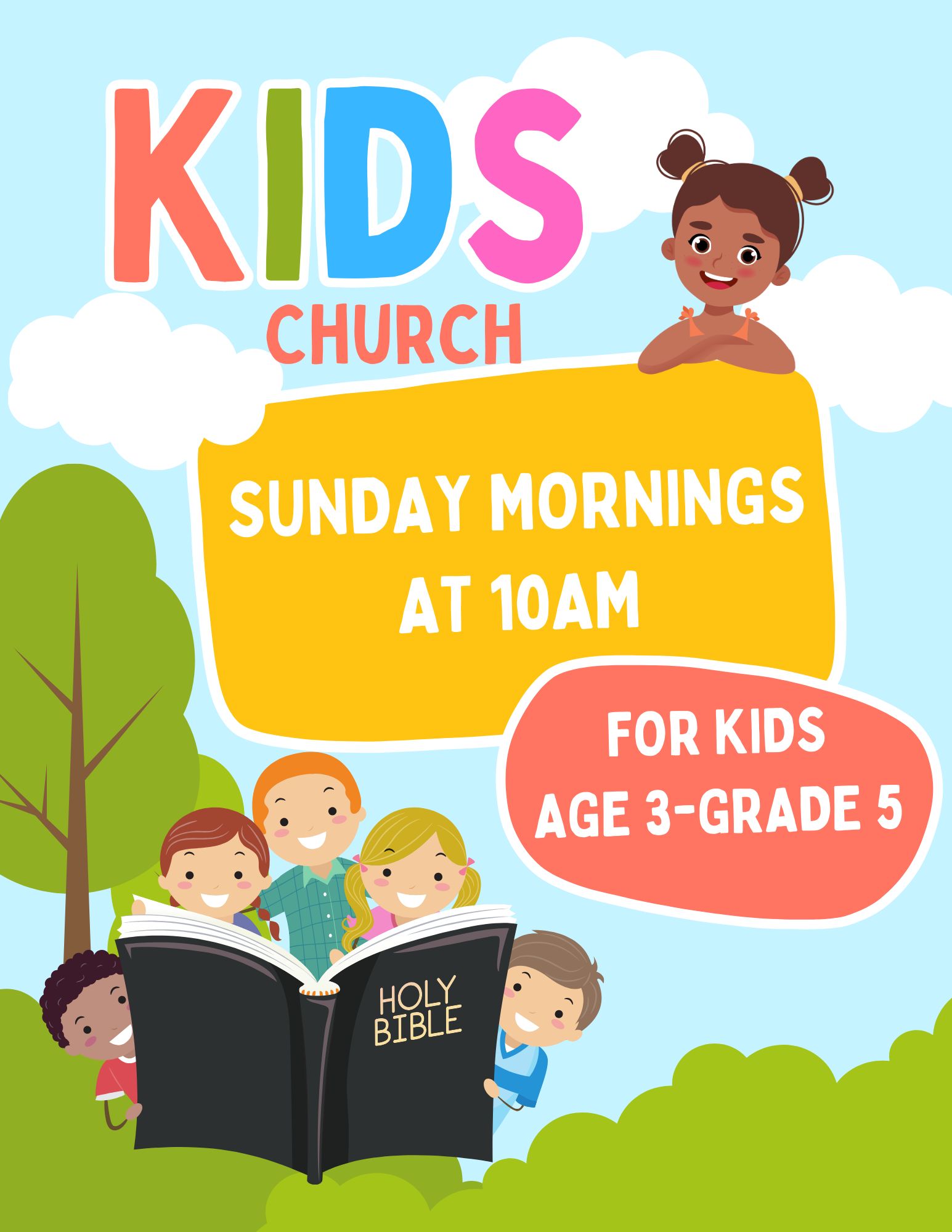 Brightly coloured illustrated Kids Church poster with the info "Sunday morning at 10am For kids age 3 to grade 5"