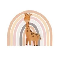 Illustrated image of a giraffe with a rainbow in the background in earthy pastel colours.